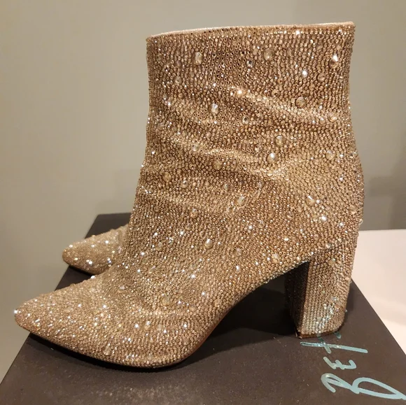 LIGHT GOLD RHINESTONE BLOCK HEEL BOOTIE|  BETSEY JOHNSON, size 7.5 - Picture 11 of 16